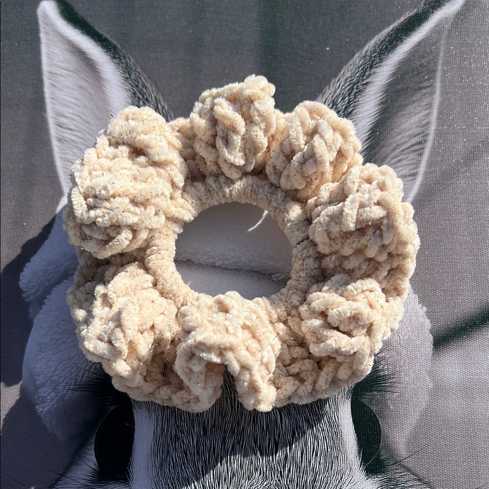 Elegant Cream with Gold Tinsel Crochet Hair Scrunchies - Picture 2 of 3